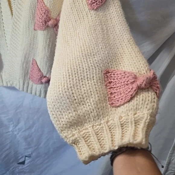 Arula Pink‎ 3D Bow Cream Open Cardigan Chunky-knit Boho Cottagecore Size X (XL) - Picture 4 of 13